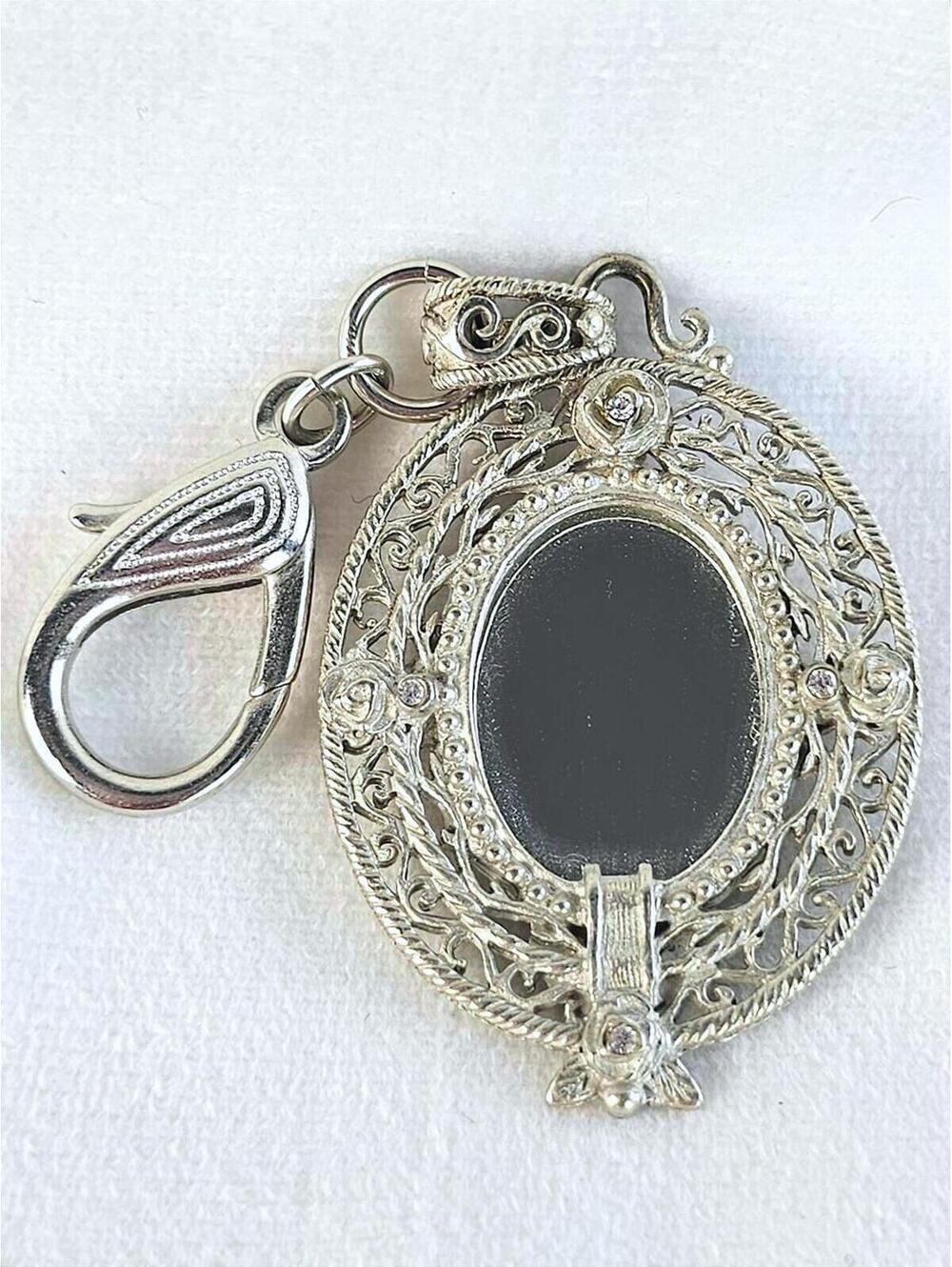 Silver Filigree Mirror with Rhinestones Keychain/Purse Charm